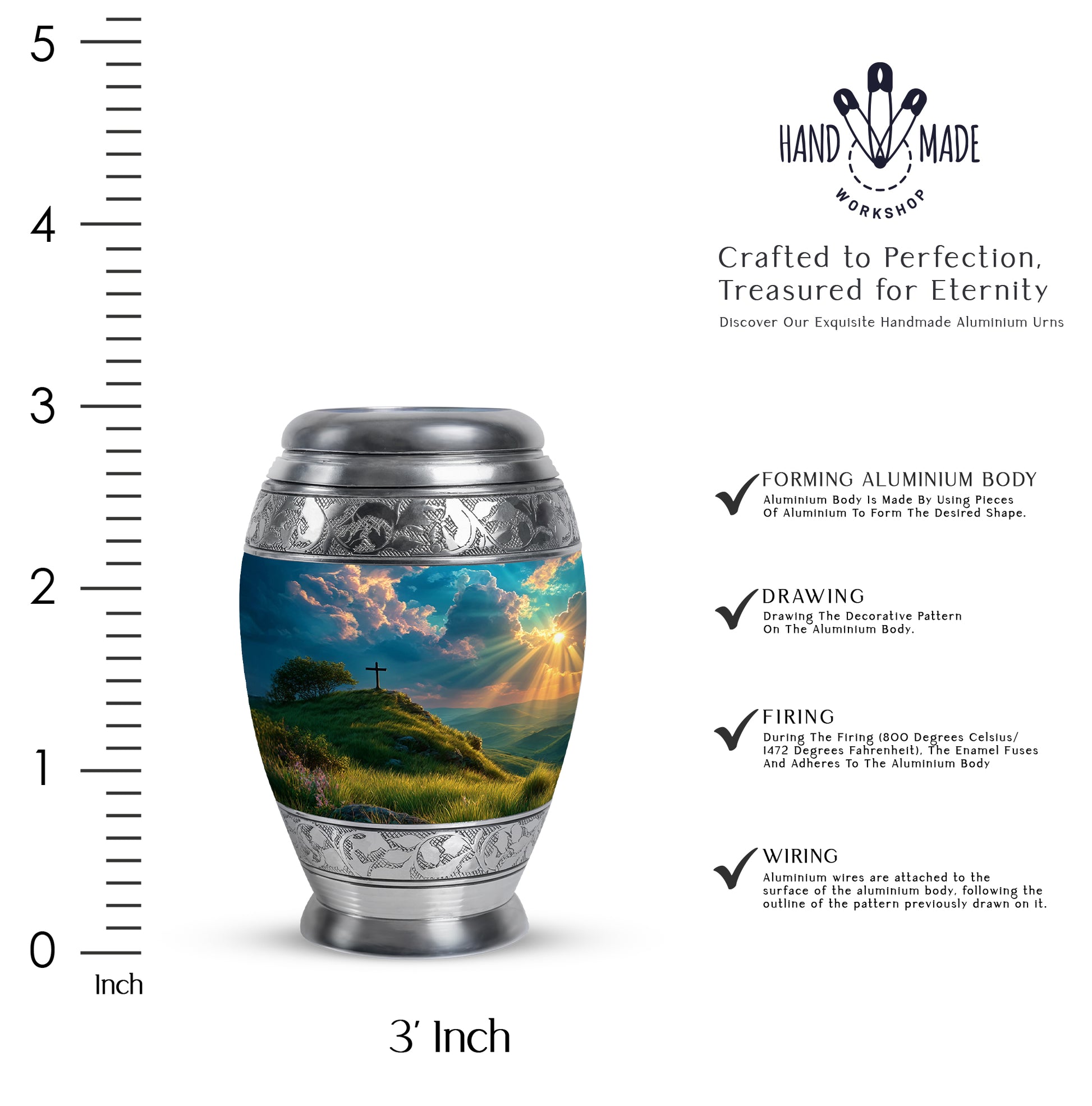 Sea Green Teal Cross Cremation Urn lifestyle display on memorial shelf - regal cross design with crown-inspired accents - mini keepsake memorial for portion of cremation ashes
