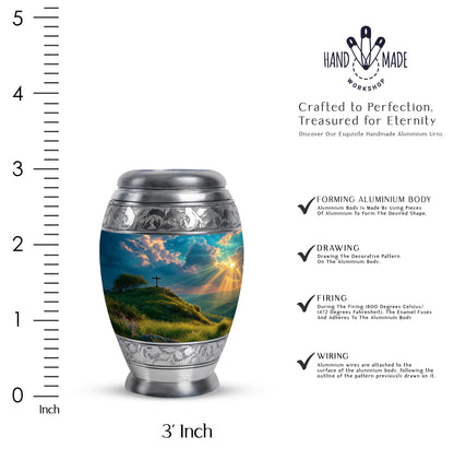 Sea Green Teal Cross Cremation Urn lifestyle display on memorial shelf - regal cross design with crown-inspired accents - mini keepsake memorial for portion of cremation ashes