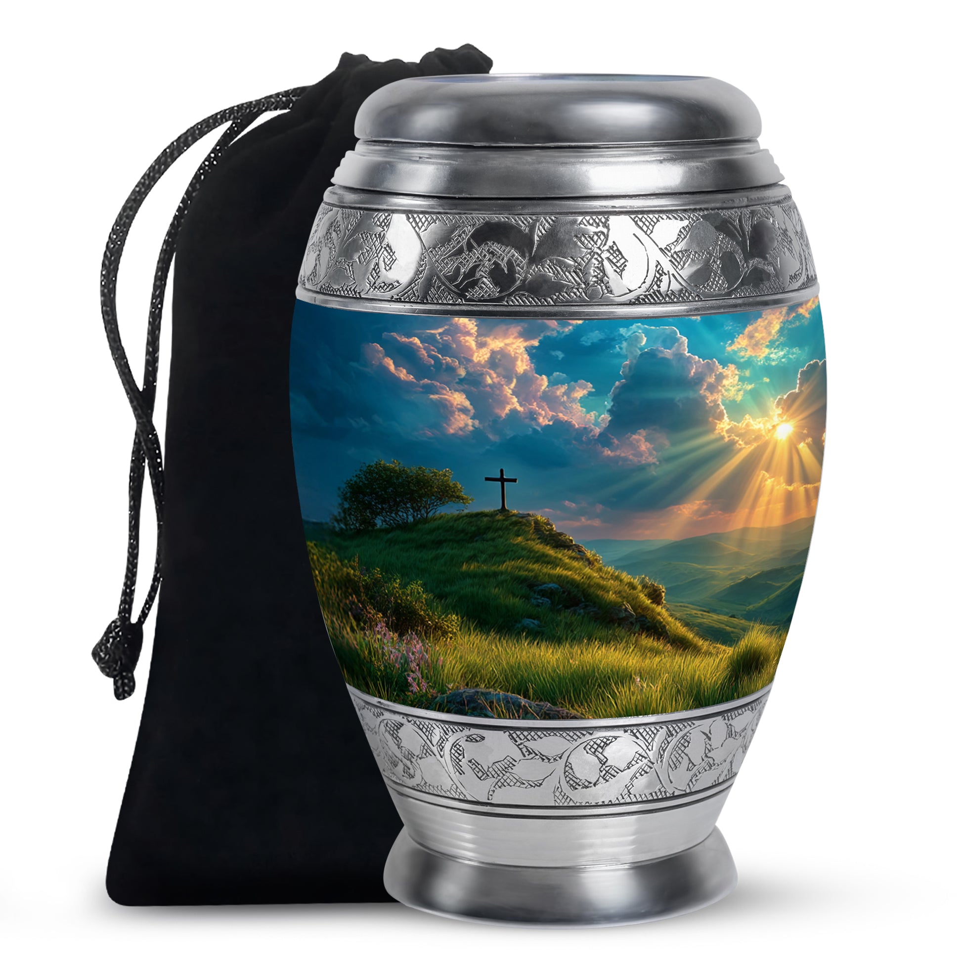 Mystic Teal Cross Cremation Urn back view with polished surface - majestic cross pattern with filigree border - full-size 10 inch 200 cubic inch adult cremation urn
