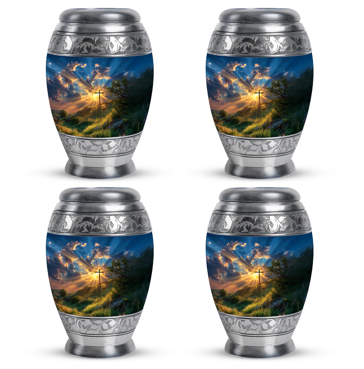 Slate Blue Cross Cremation Urn urn with complimentary velvet bag - ornate monarch-style cross relief on brushed aluminum - 10 inch aluminum urn for cremated remains
