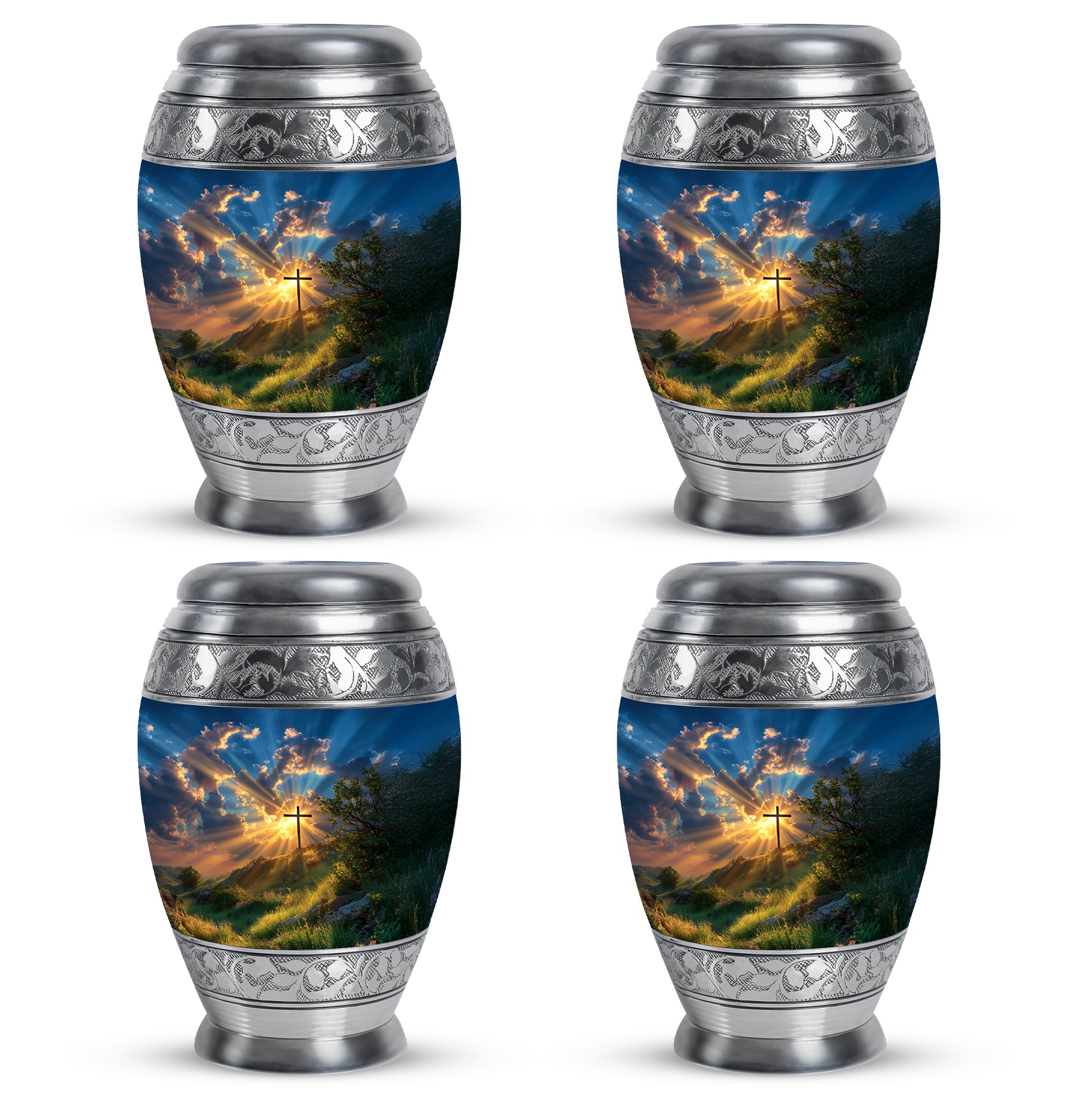 Slate Blue Cross Cremation Urn urn with complimentary velvet bag - ornate monarch-style cross relief on brushed aluminum - 10 inch aluminum urn for cremated remains