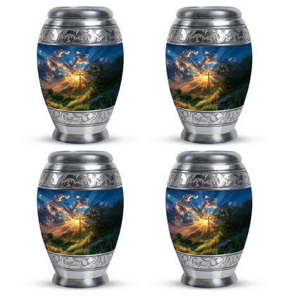 Slate Blue Cross Cremation Urn urn with complimentary velvet bag - ornate monarch-style cross relief on brushed aluminum - 10 inch aluminum urn for cremated remains