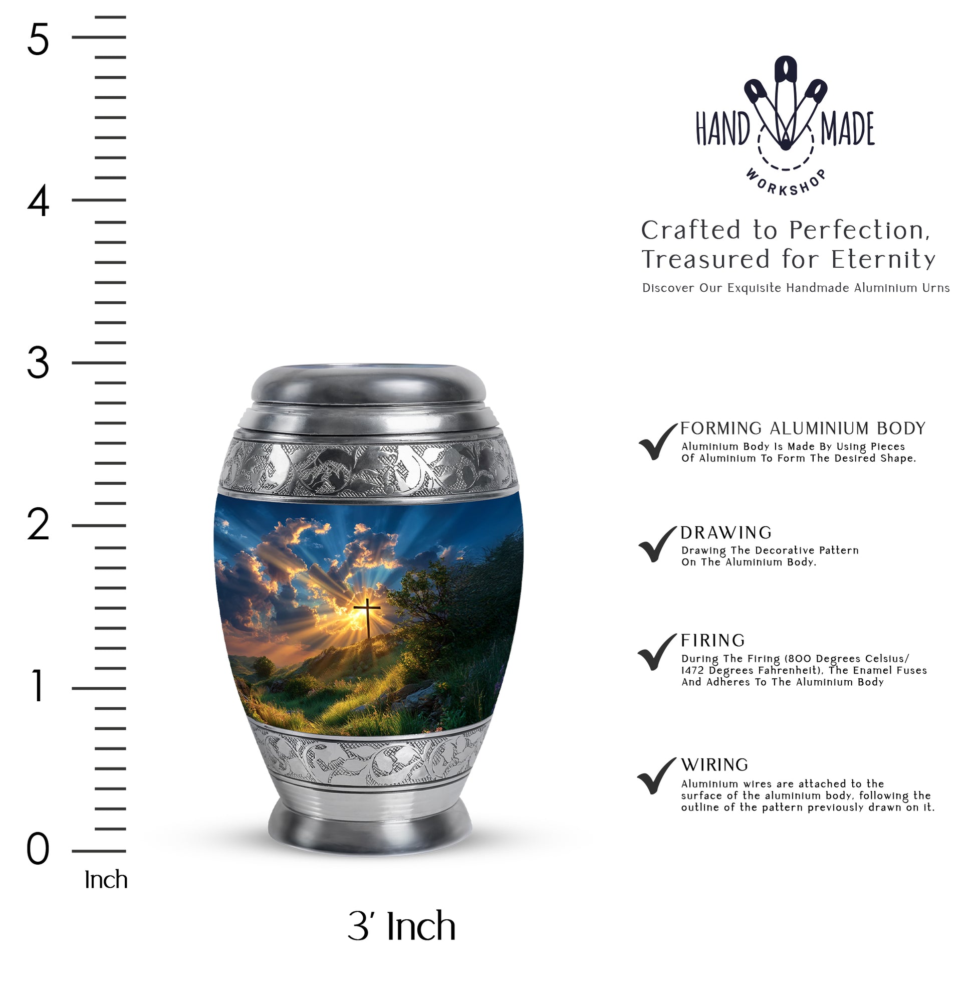 Powder Blue Cross Cremation Urn lifestyle display on memorial shelf - ornate monarch-style cross relief on brushed aluminum - mini keepsake memorial for portion of cremation ashes