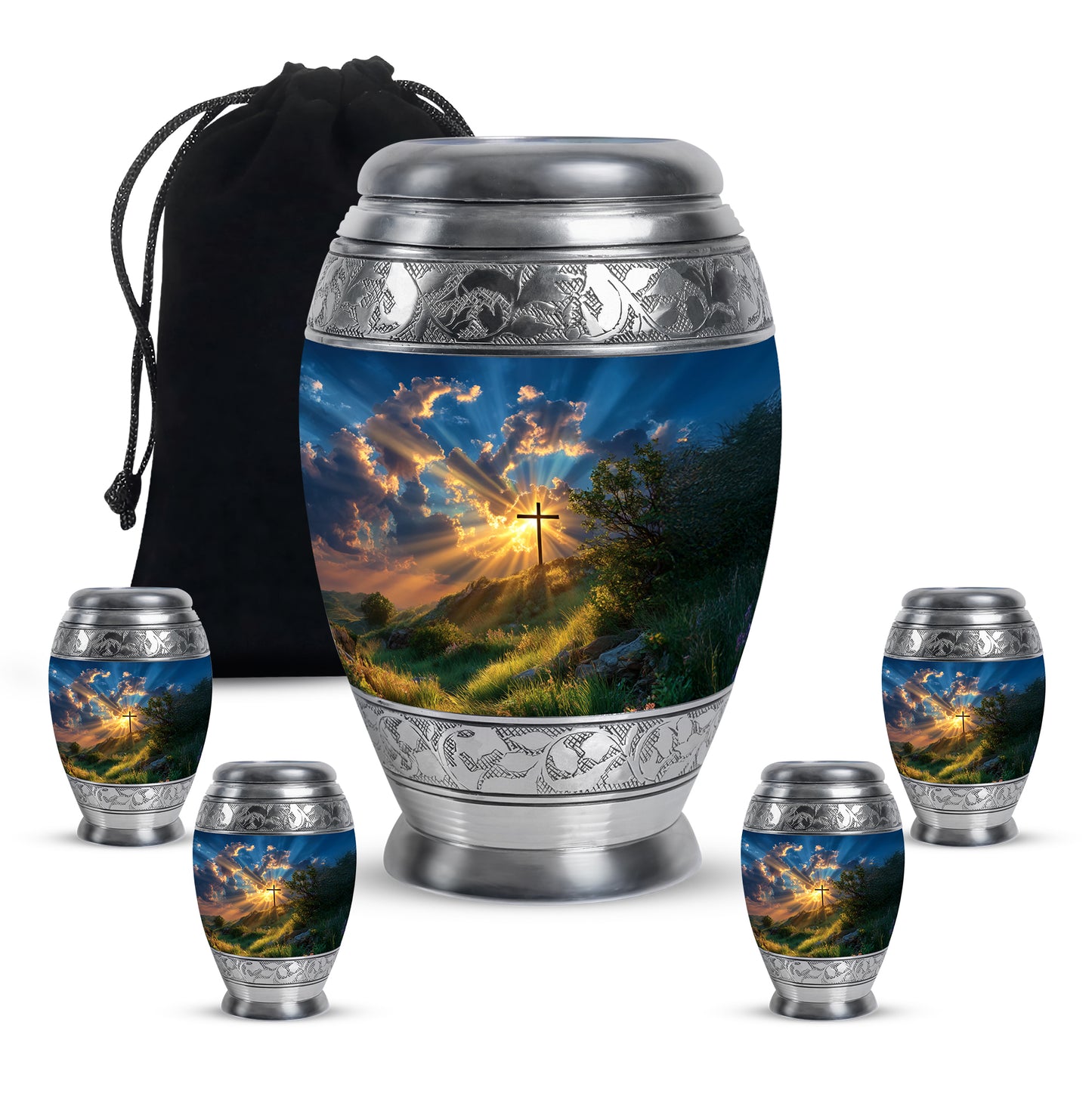 Cobalt Blue Cross Cremation Urn detail view - royal cross engraving with decorative scrollwork - memorial set with one large and four small urns