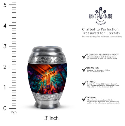Deep Red Cross Cremation Urn lifestyle display on memorial shelf - regal cross design with crown-inspired accents - mini keepsake memorial for portion of cremation ashes