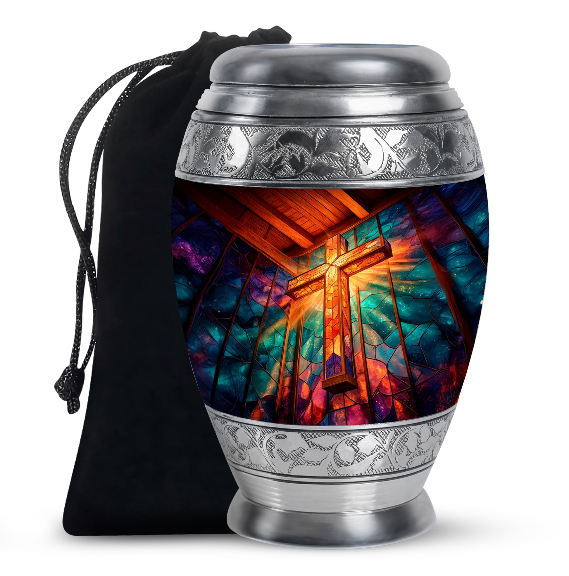 Crimson Red Cross Cremation Urn back view with polished surface - regal cross design with crown-inspired accents - full-size 10 inch 200 cubic inch adult cremation urn