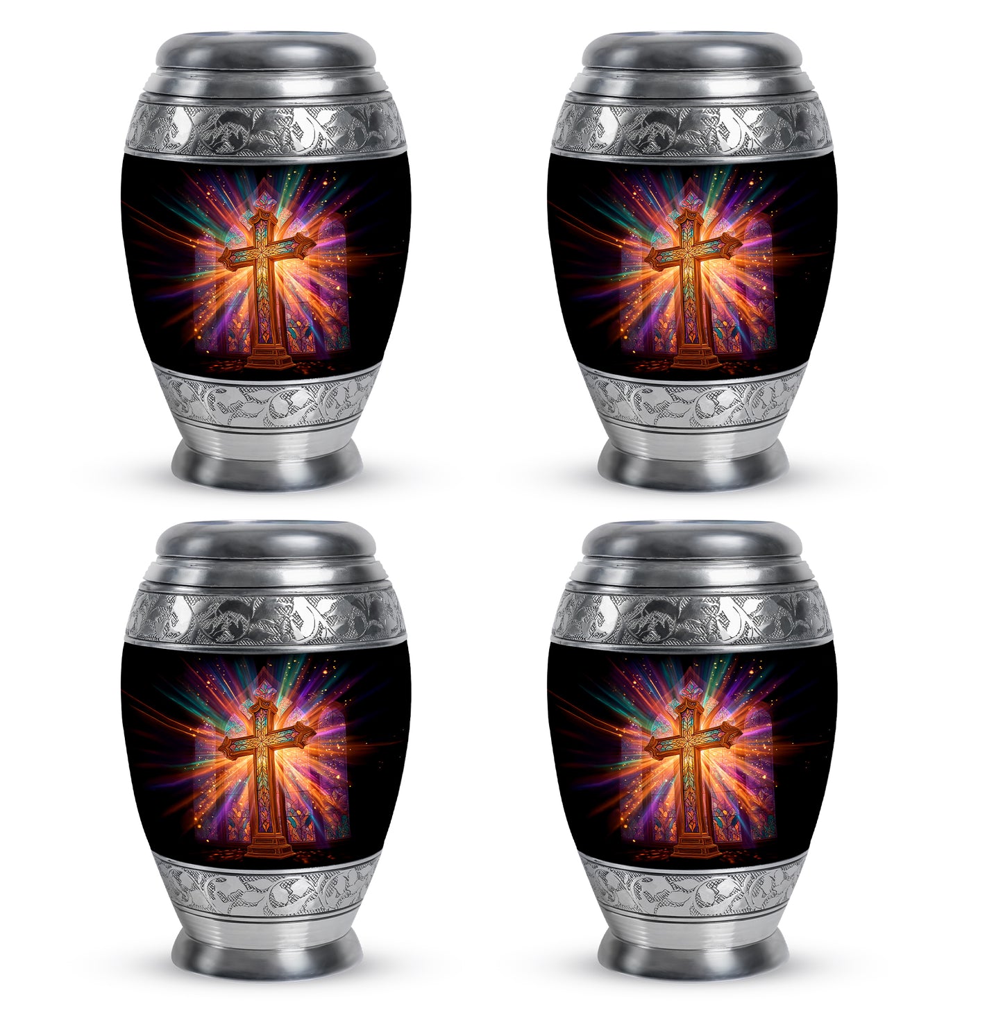 Deep Black Cross Cremation Urn urn with complimentary velvet bag - ornate monarch-style cross relief on brushed aluminum - 10 inch aluminum urn for cremated remains
