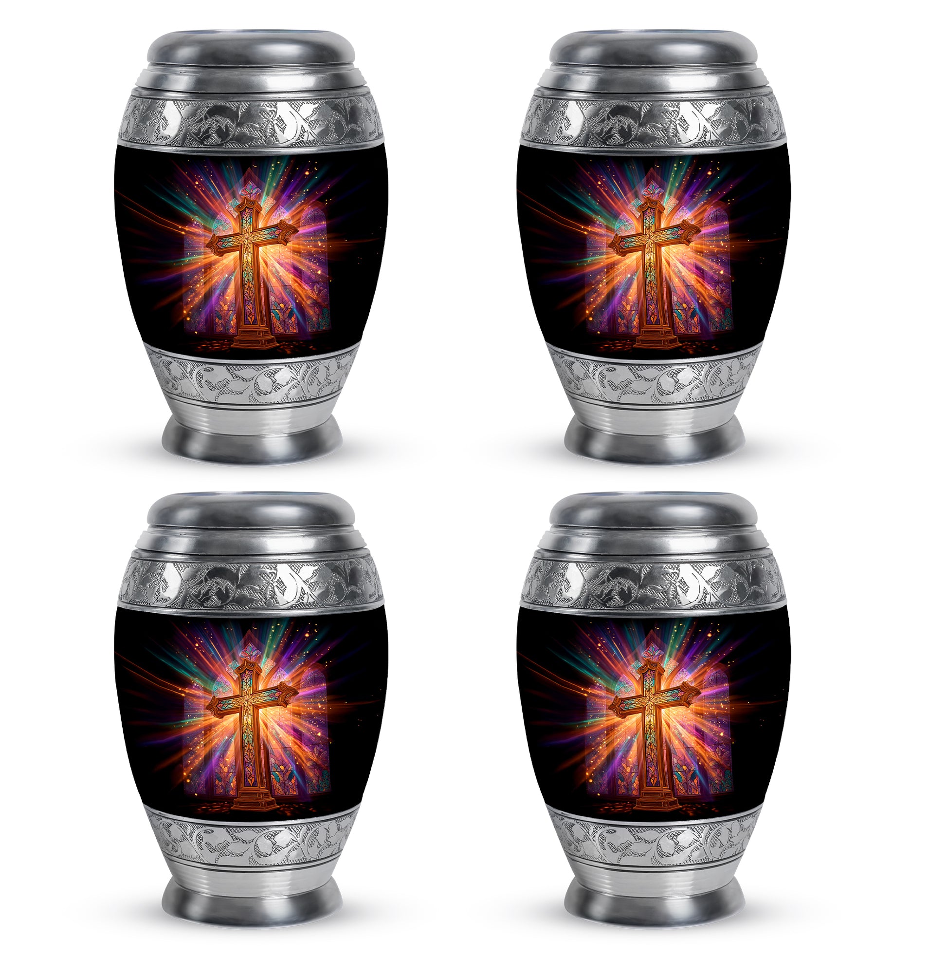 Deep Black Cross Cremation Urn urn with complimentary velvet bag - ornate monarch-style cross relief on brushed aluminum - 10 inch aluminum urn for cremated remains