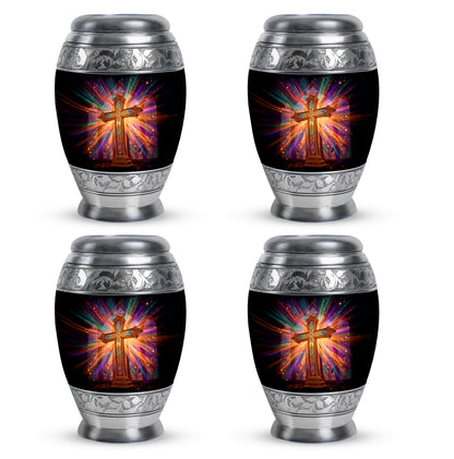 Deep Black Cross Cremation Urn urn with complimentary velvet bag - ornate monarch-style cross relief on brushed aluminum - 10 inch aluminum urn for cremated remains