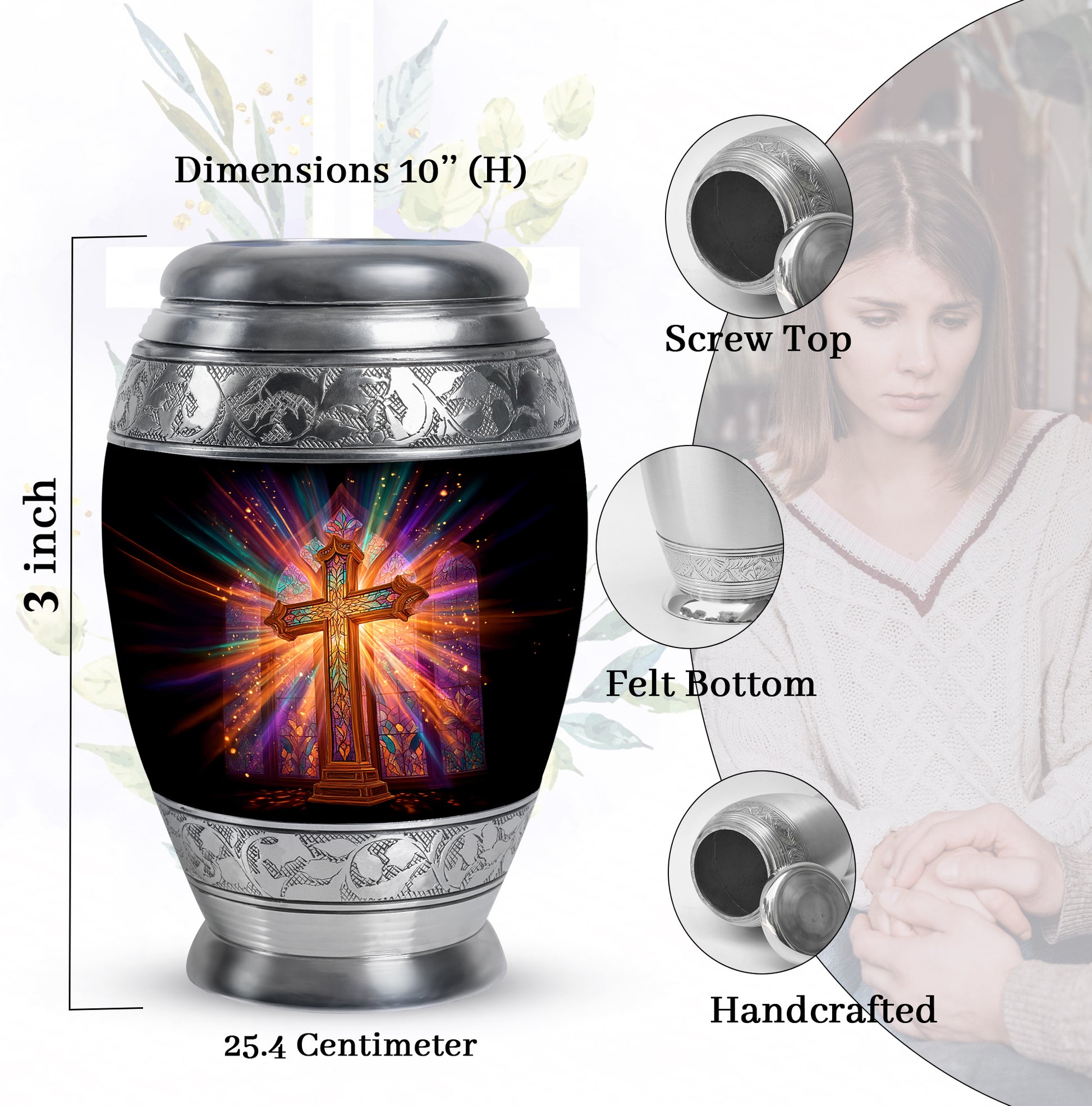 Onyx Black Cross Cremation Urn lifestyle display on memorial shelf - royal cross engraving with decorative scrollwork - mini keepsake memorial for portion of cremation ashes