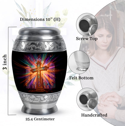 Onyx Black Cross Cremation Urn lifestyle display on memorial shelf - royal cross engraving with decorative scrollwork - mini keepsake memorial for portion of cremation ashes