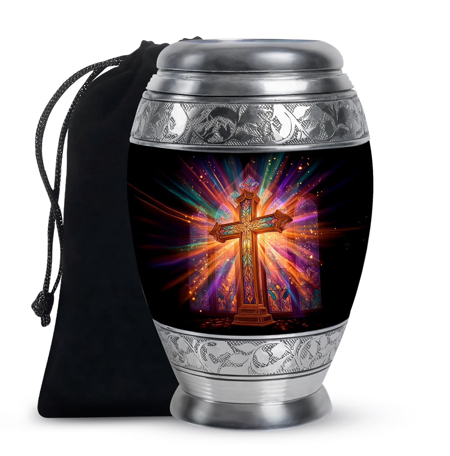 Deep Black Cross Cremation Urn back view with polished surface - regal cross design with crown-inspired accents - full-size 10 inch 200 cubic inch adult cremation urn