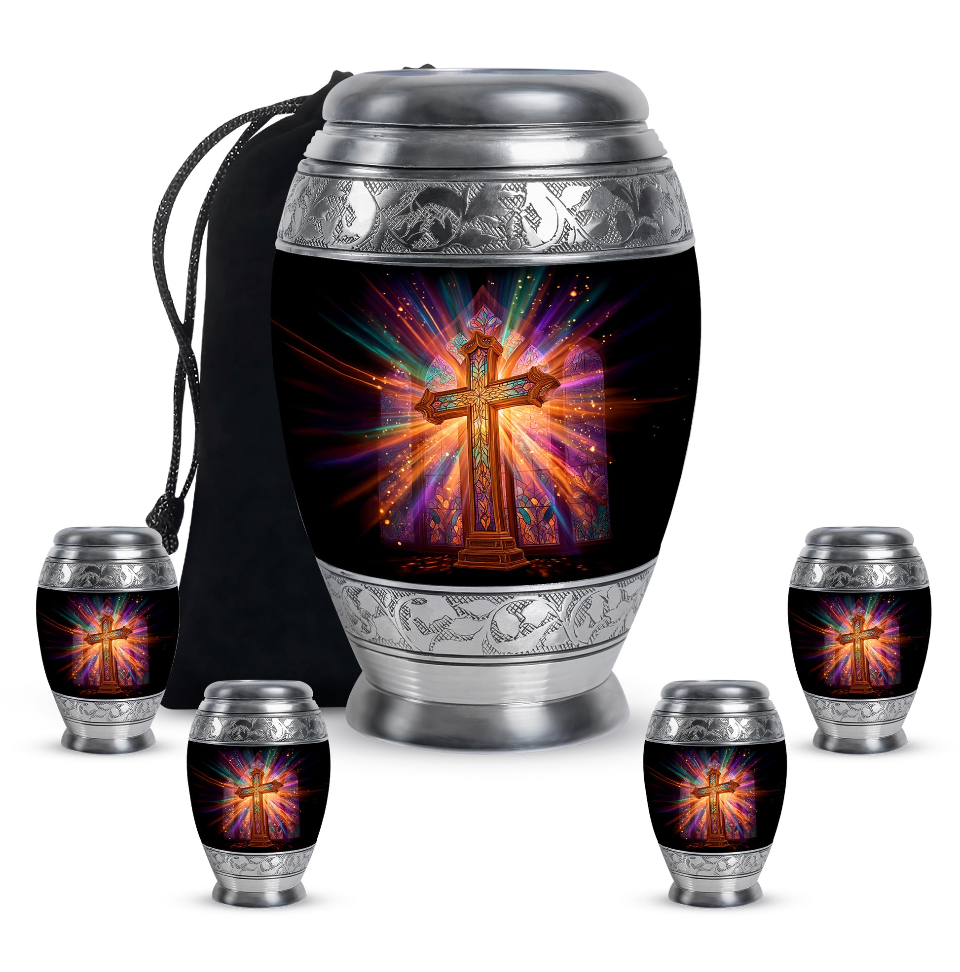 Jet Black Cross Cremation Urn detail view - regal cross design with crown-inspired accents - memorial set with one large and four small urns