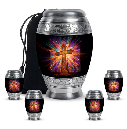 Jet Black Cross Cremation Urn detail view - regal cross design with crown-inspired accents - memorial set with one large and four small urns