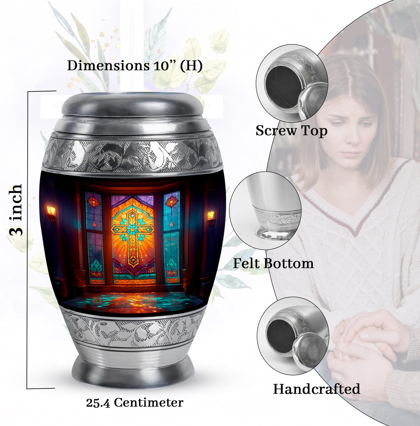 Onyx Black Cross Cremation Urn lifestyle display on memorial shelf - majestic cross pattern with filigree border - mini keepsake memorial for portion of cremation ashes