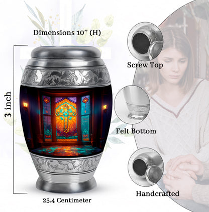 Onyx Black Cross Cremation Urn lifestyle display on memorial shelf - majestic cross pattern with filigree border - mini keepsake memorial for portion of cremation ashes