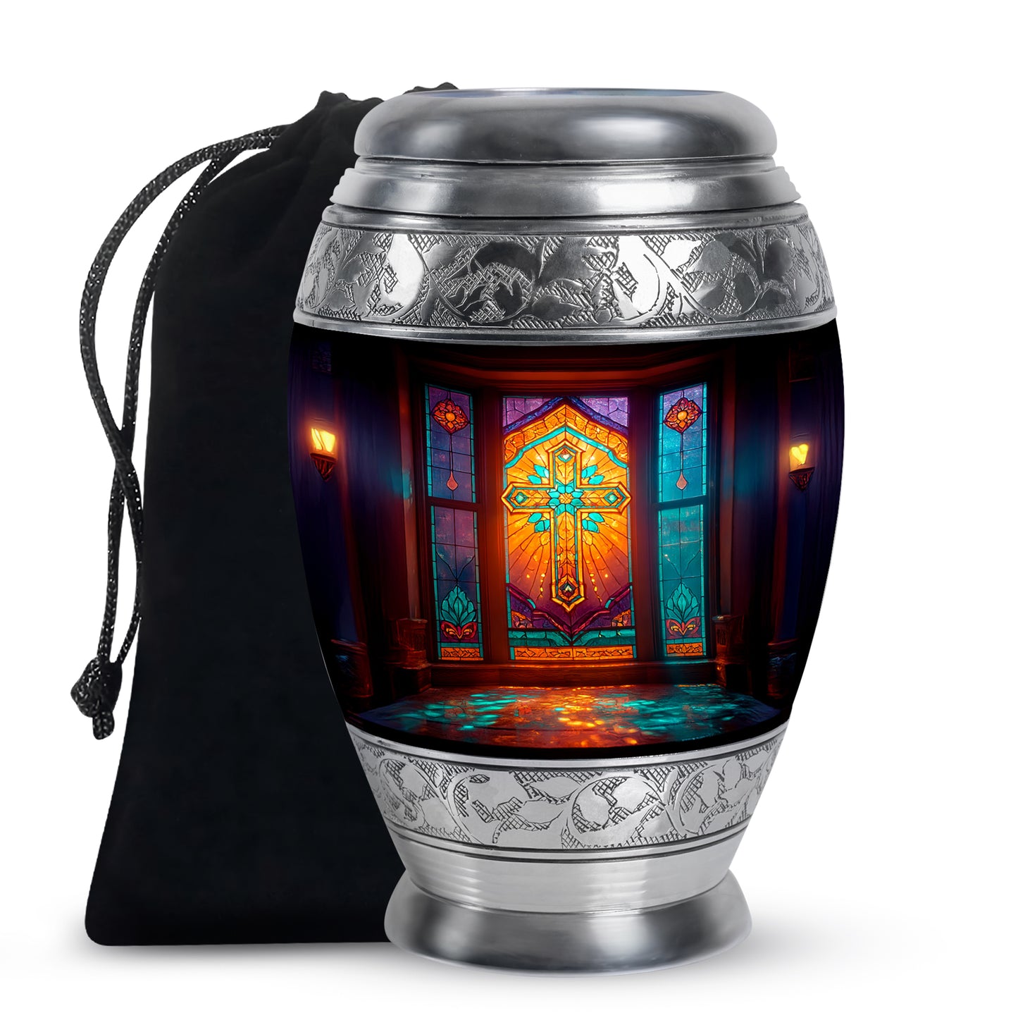 Deep Black Cross Cremation Urn back view with polished surface - regal cross design with crown-inspired accents - full-size 10 inch 200 cubic inch adult cremation urn