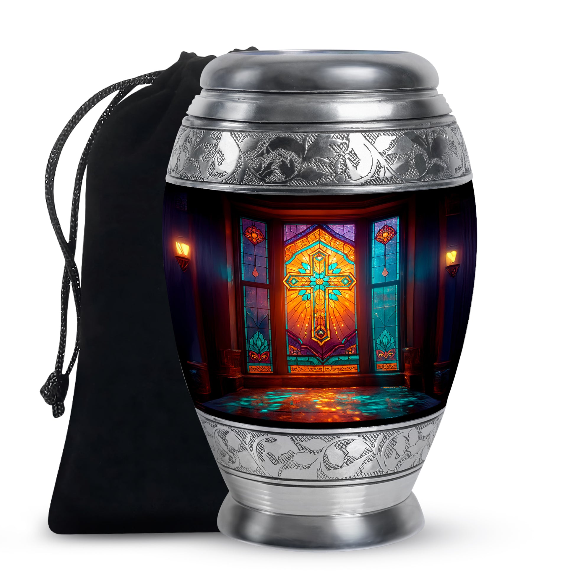 Deep Black Cross Cremation Urn back view with polished surface - regal cross design with crown-inspired accents - full-size 10 inch 200 cubic inch adult cremation urn