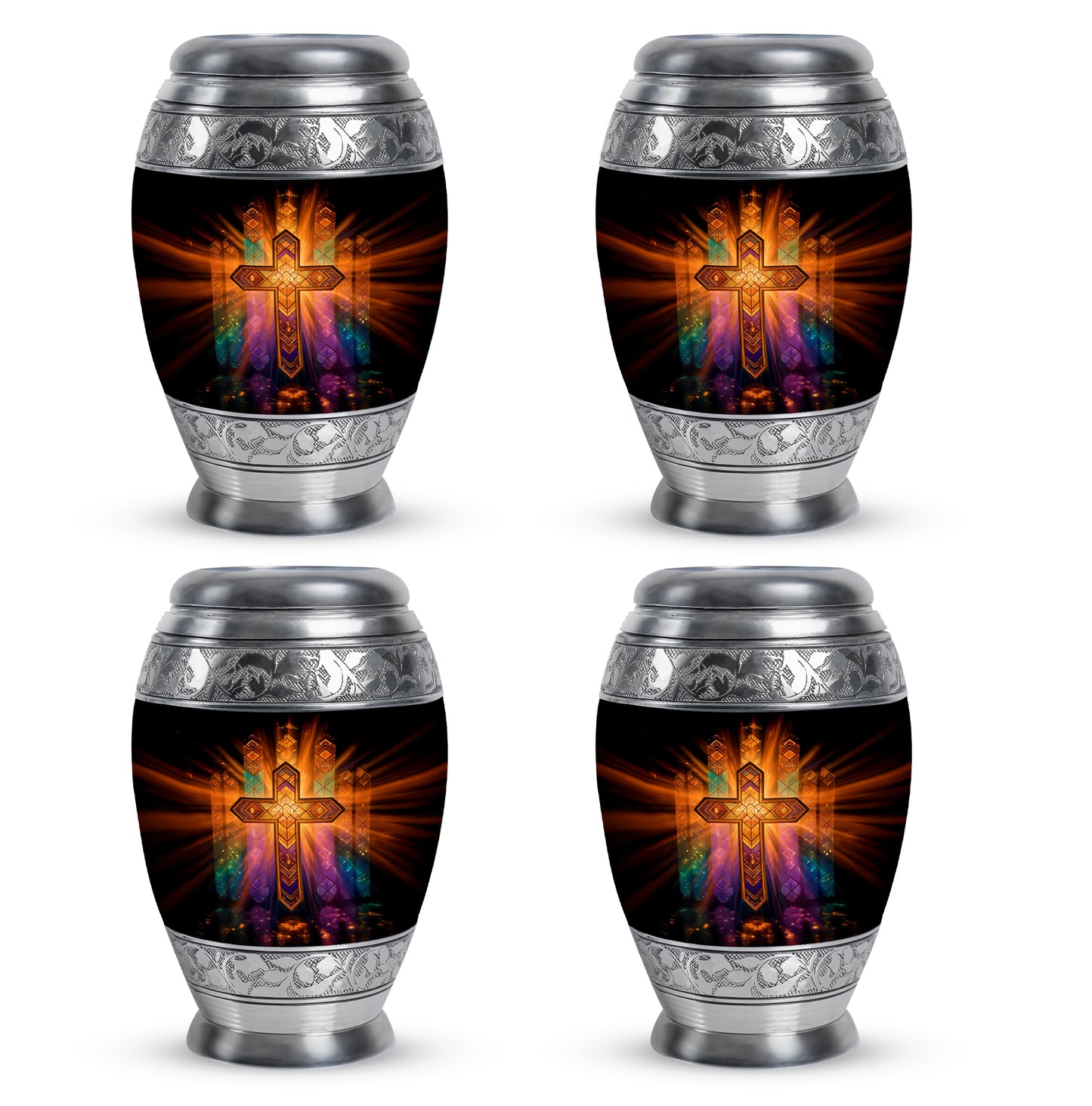 Midnight Black Cross Cremation Urn urn with complimentary velvet bag - majestic cross pattern with filigree border - 10 inch aluminum urn for cremated remains