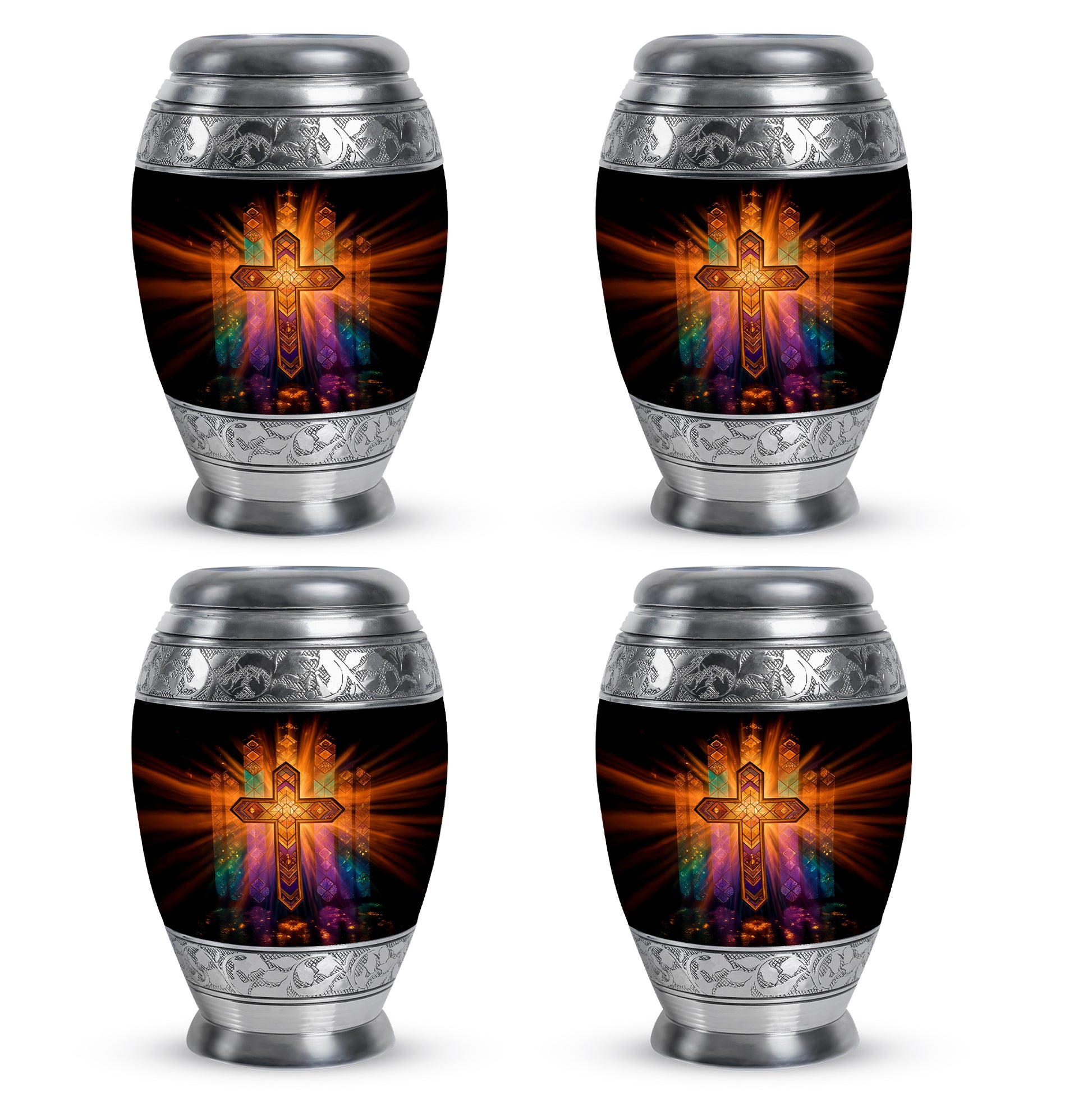 Midnight Black Cross Cremation Urn urn with complimentary velvet bag - majestic cross pattern with filigree border - 10 inch aluminum urn for cremated remains