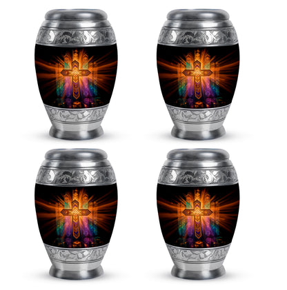 Midnight Black Cross Cremation Urn urn with complimentary velvet bag - majestic cross pattern with filigree border - 10 inch aluminum urn for cremated remains
