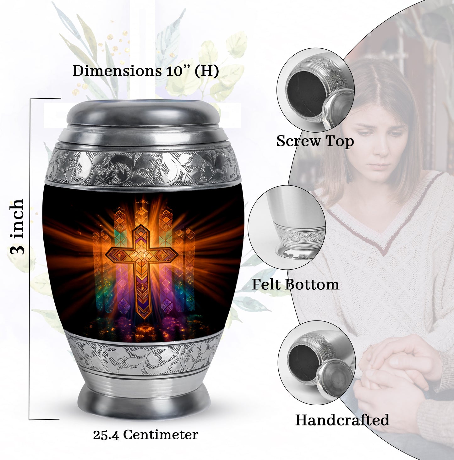 Obsidian Black Cross Cremation Urn lifestyle display on memorial shelf - royal cross engraving with decorative scrollwork - mini keepsake memorial for portion of cremation ashes