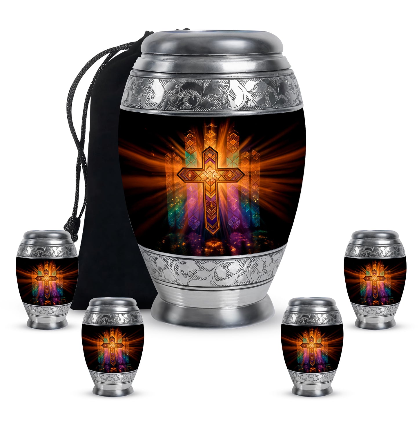 Onyx Black Cross Cremation Urn detail view - majestic cross pattern with filigree border - memorial set with one large and four small urns