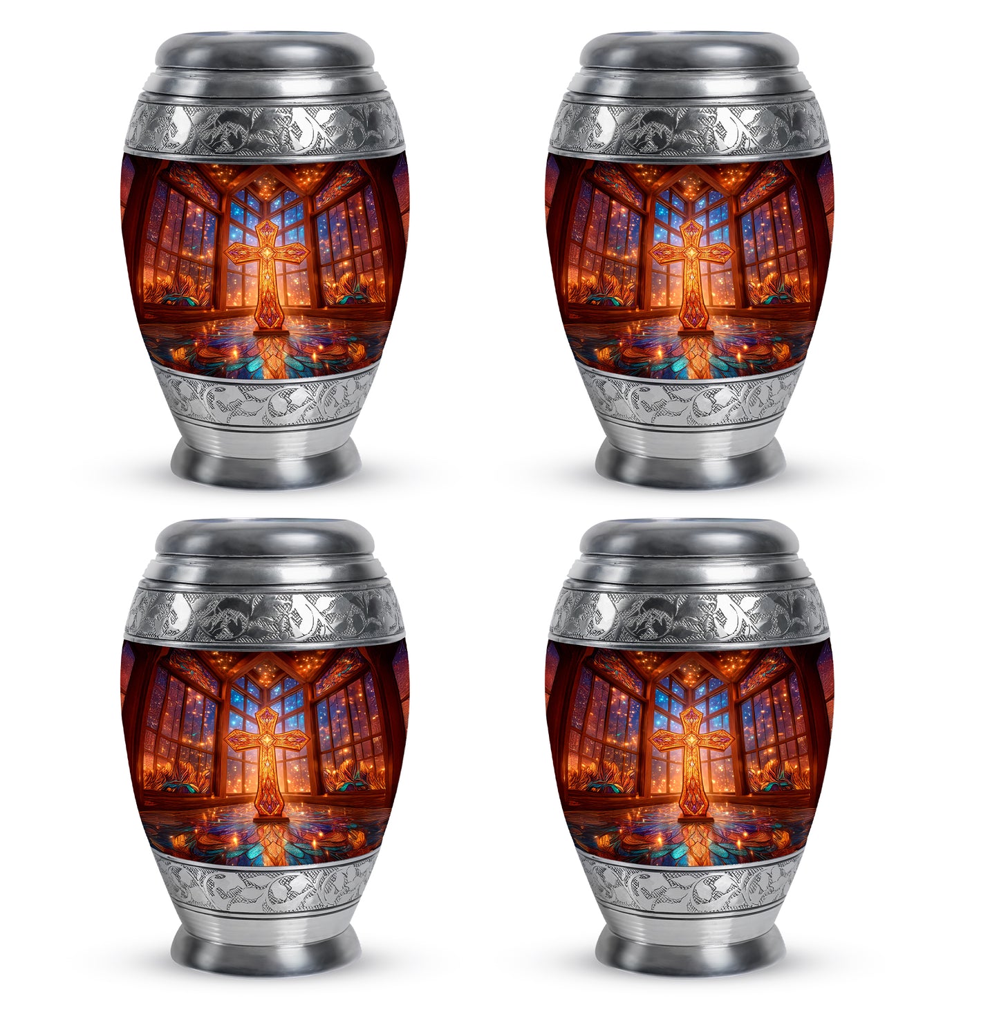Scarlet Red Cross Cremation Urn urn with complimentary velvet bag - royal cross engraving with decorative scrollwork - 10 inch aluminum urn for cremated remains