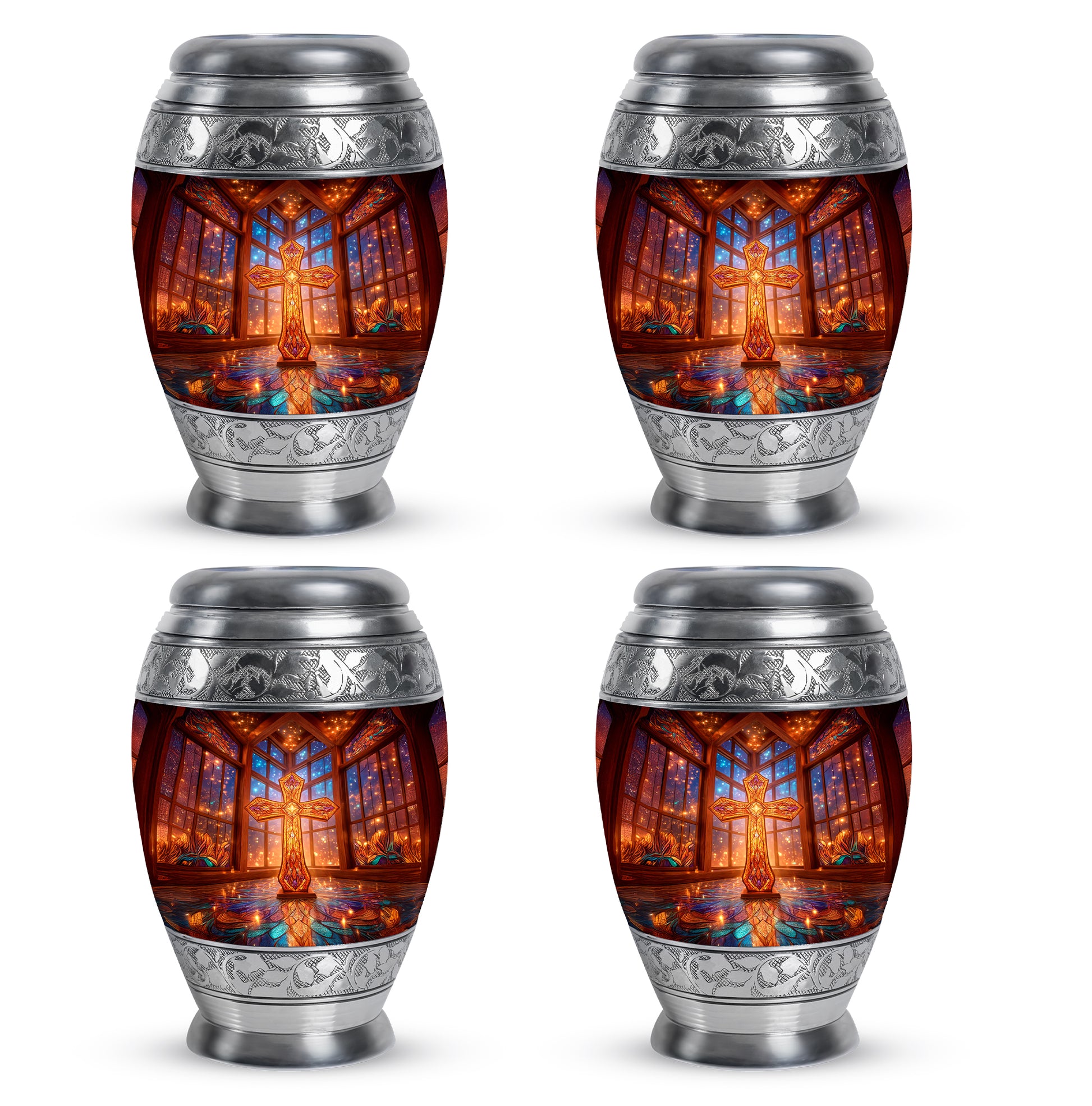 Scarlet Red Cross Cremation Urn urn with complimentary velvet bag - royal cross engraving with decorative scrollwork - 10 inch aluminum urn for cremated remains