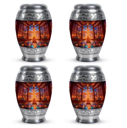 Scarlet Red Cross Cremation Urn urn with complimentary velvet bag - royal cross engraving with decorative scrollwork - 10 inch aluminum urn for cremated remains
