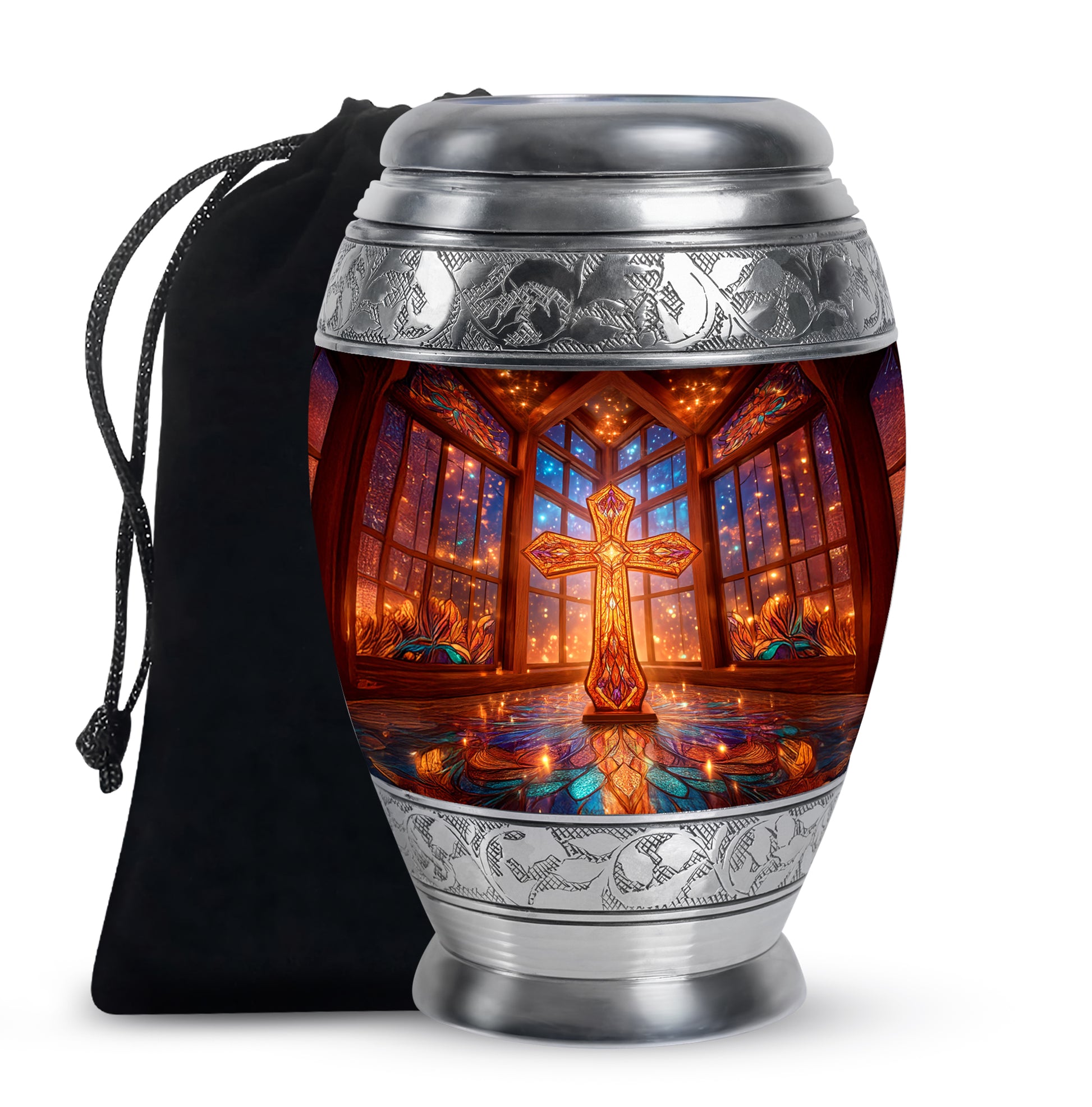 Cherry Red Cross Cremation Urn back view with polished surface - royal cross engraving with decorative scrollwork - full-size 10 inch 200 cubic inch adult cremation urn