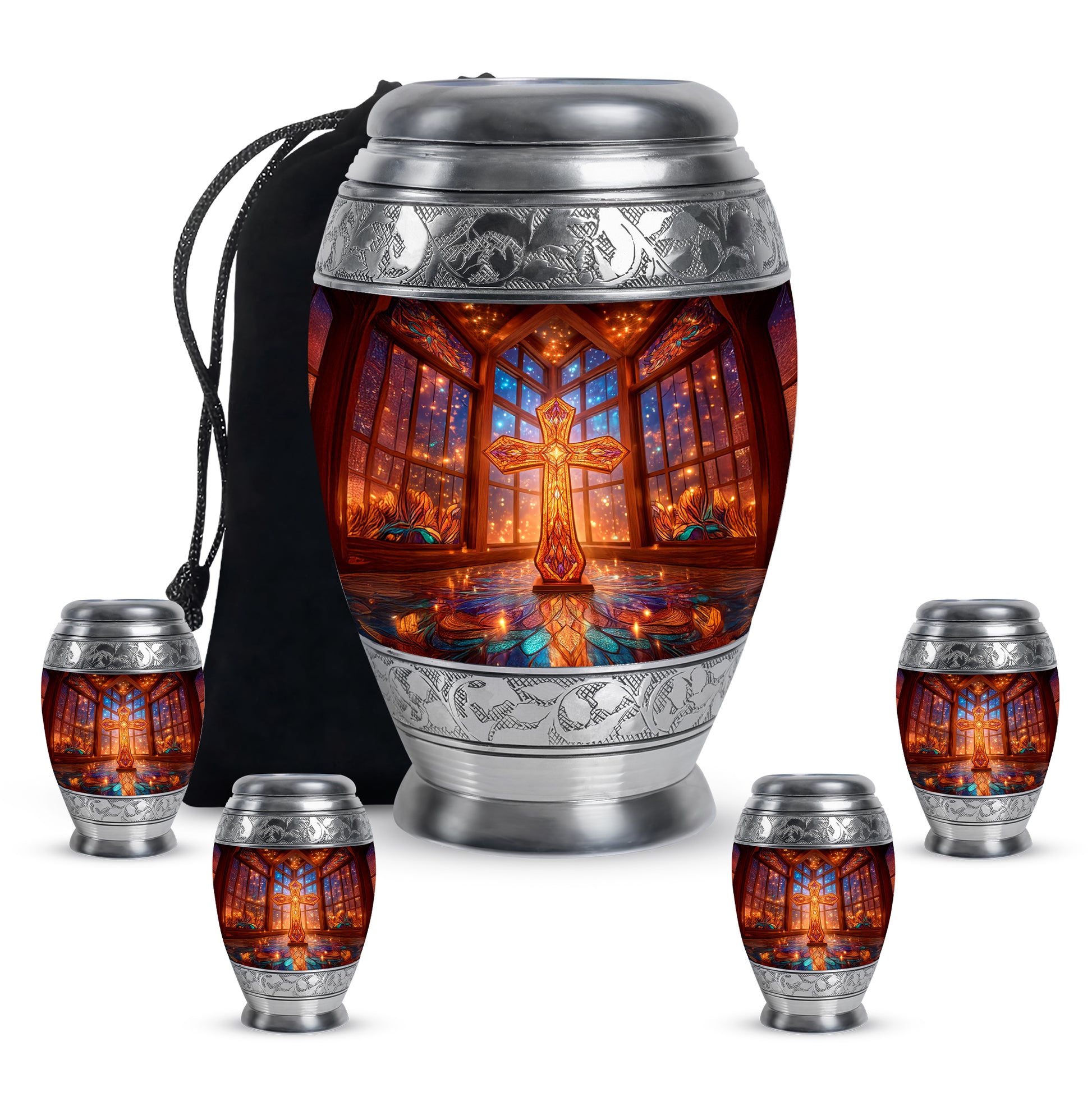 Deep Red Cross Cremation Urn detail view - regal cross design with crown-inspired accents - memorial set with one large and four small urns