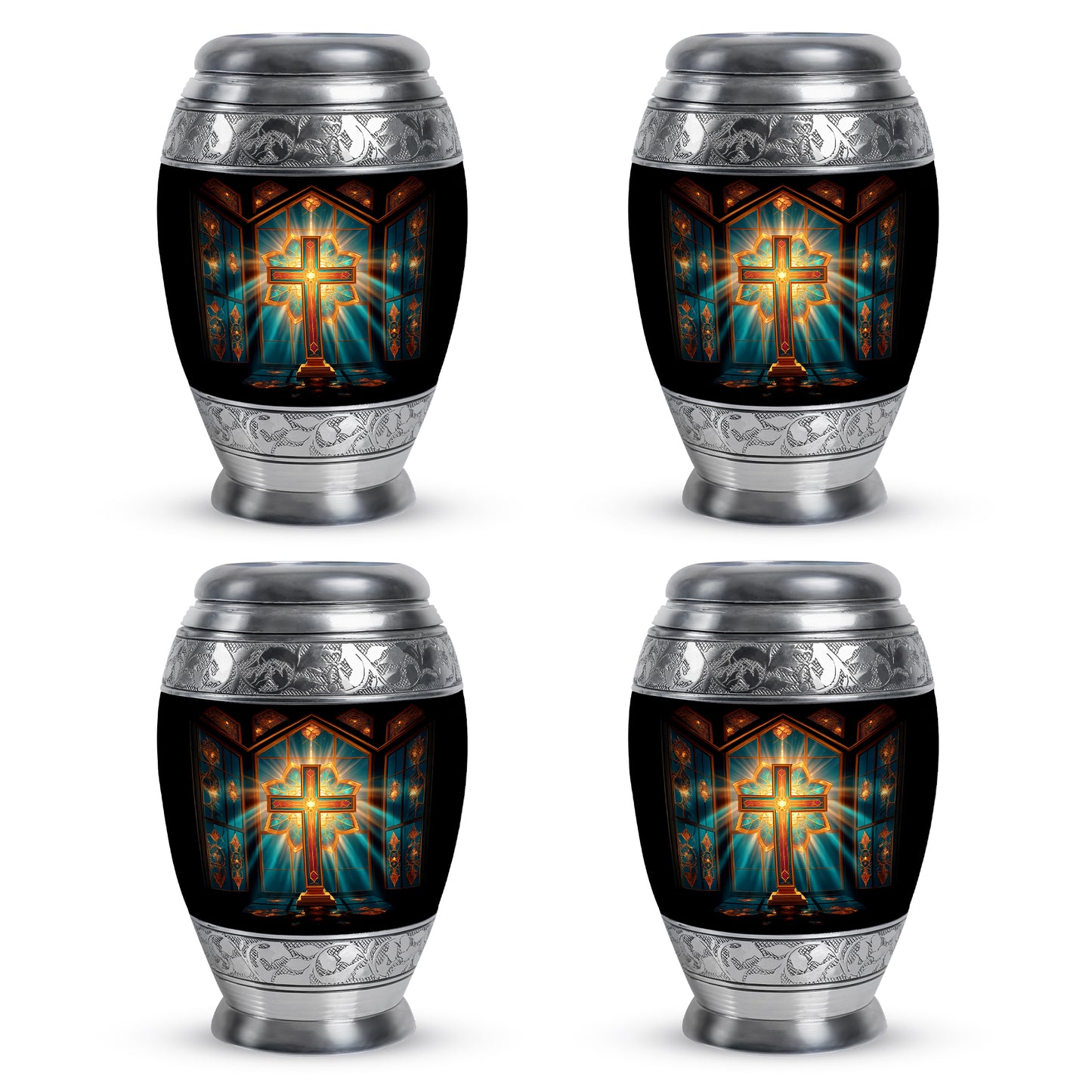 Cherry Red Cross Cremation Urn urn with complimentary velvet bag - majestic cross pattern with filigree border - 10 inch aluminum urn for cremated remains