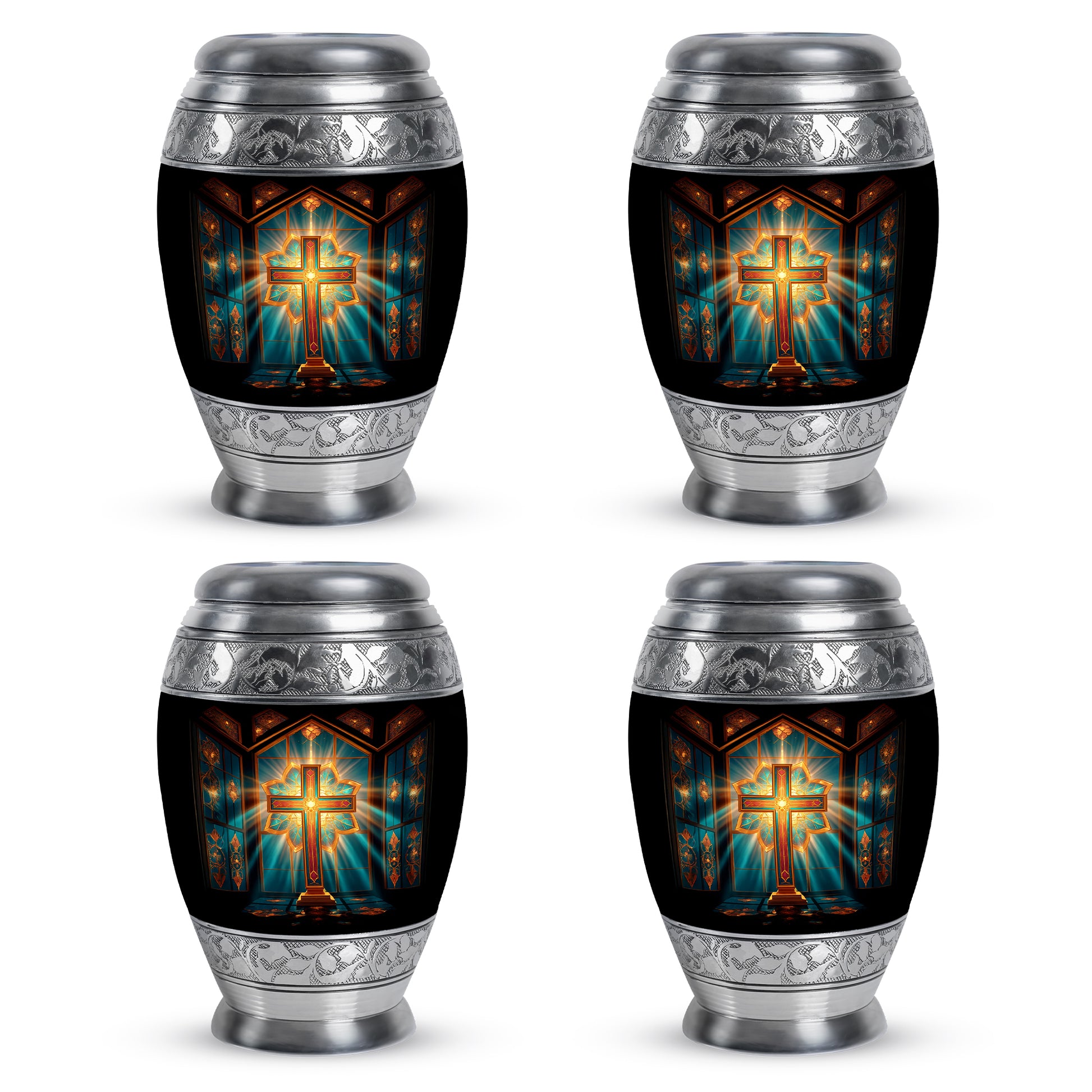 Cherry Red Cross Cremation Urn urn with complimentary velvet bag - majestic cross pattern with filigree border - 10 inch aluminum urn for cremated remains