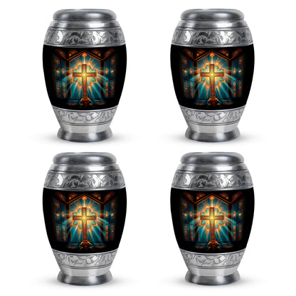 Cherry Red Cross Cremation Urn urn with complimentary velvet bag - majestic cross pattern with filigree border - 10 inch aluminum urn for cremated remains