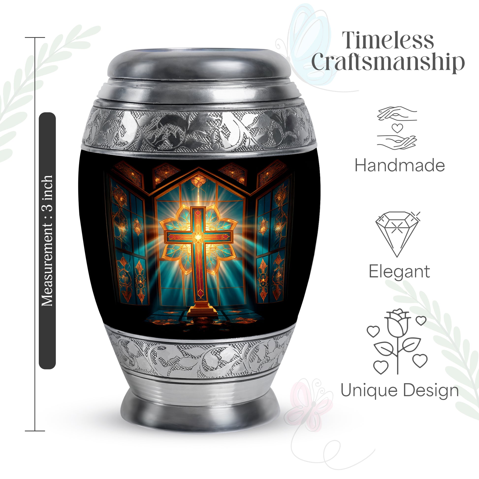Cherry Red Cross Cremation Urn lifestyle display on memorial shelf - royal cross engraving with decorative scrollwork - mini keepsake memorial for portion of cremation ashes