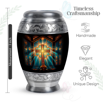 Cherry Red Cross Cremation Urn lifestyle display on memorial shelf - royal cross engraving with decorative scrollwork - mini keepsake memorial for portion of cremation ashes