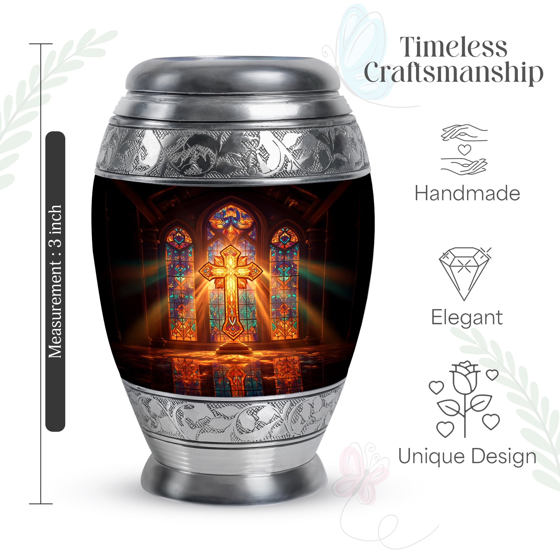 Rich Red Cross Cremation Urn lifestyle display on memorial shelf - majestic cross pattern with filigree border - mini keepsake memorial for portion of cremation ashes