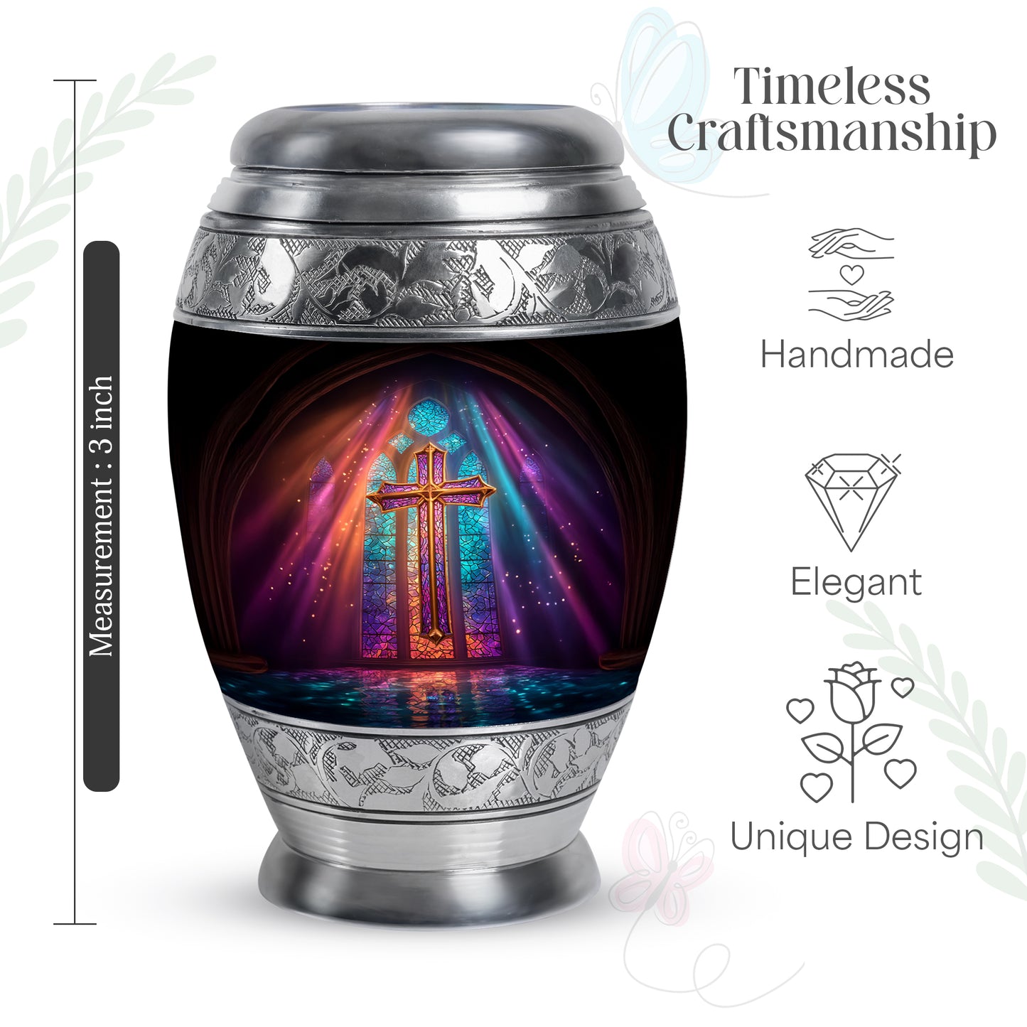 Deep Black Cross Cremation Urn lifestyle display on memorial shelf - regal cross design with crown-inspired accents - mini keepsake memorial for portion of cremation ashes