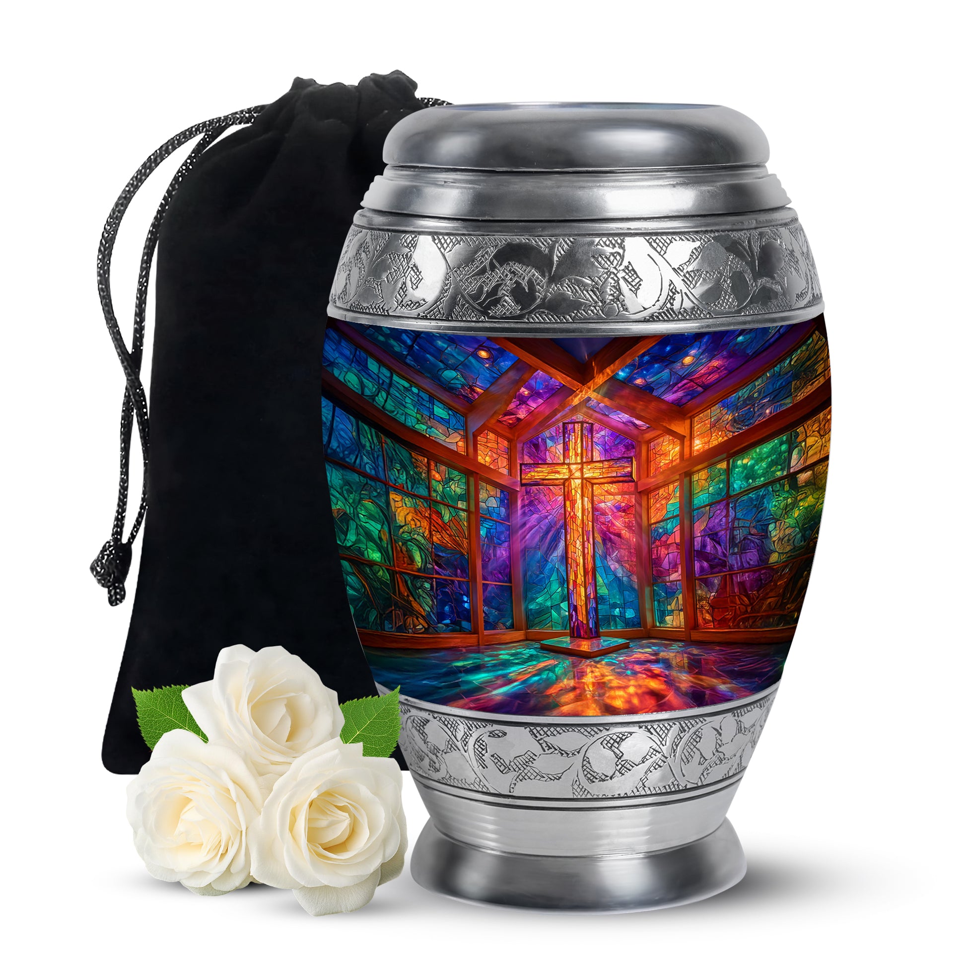 Royal Purple Cross Cremation Urn back view with polished surface - royal cross engraving with decorative scrollwork - full-size 10 inch 200 cubic inch adult cremation urn