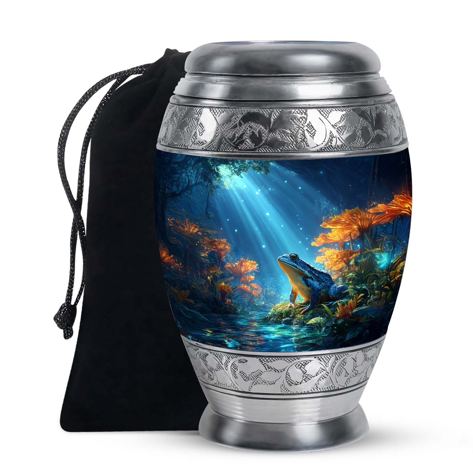 Cornflower Blue Frog Cremation Urn back view with polished surface - majestic frog pattern with filigree border - full-size 10 inch 200 cubic inch adult cremation urn