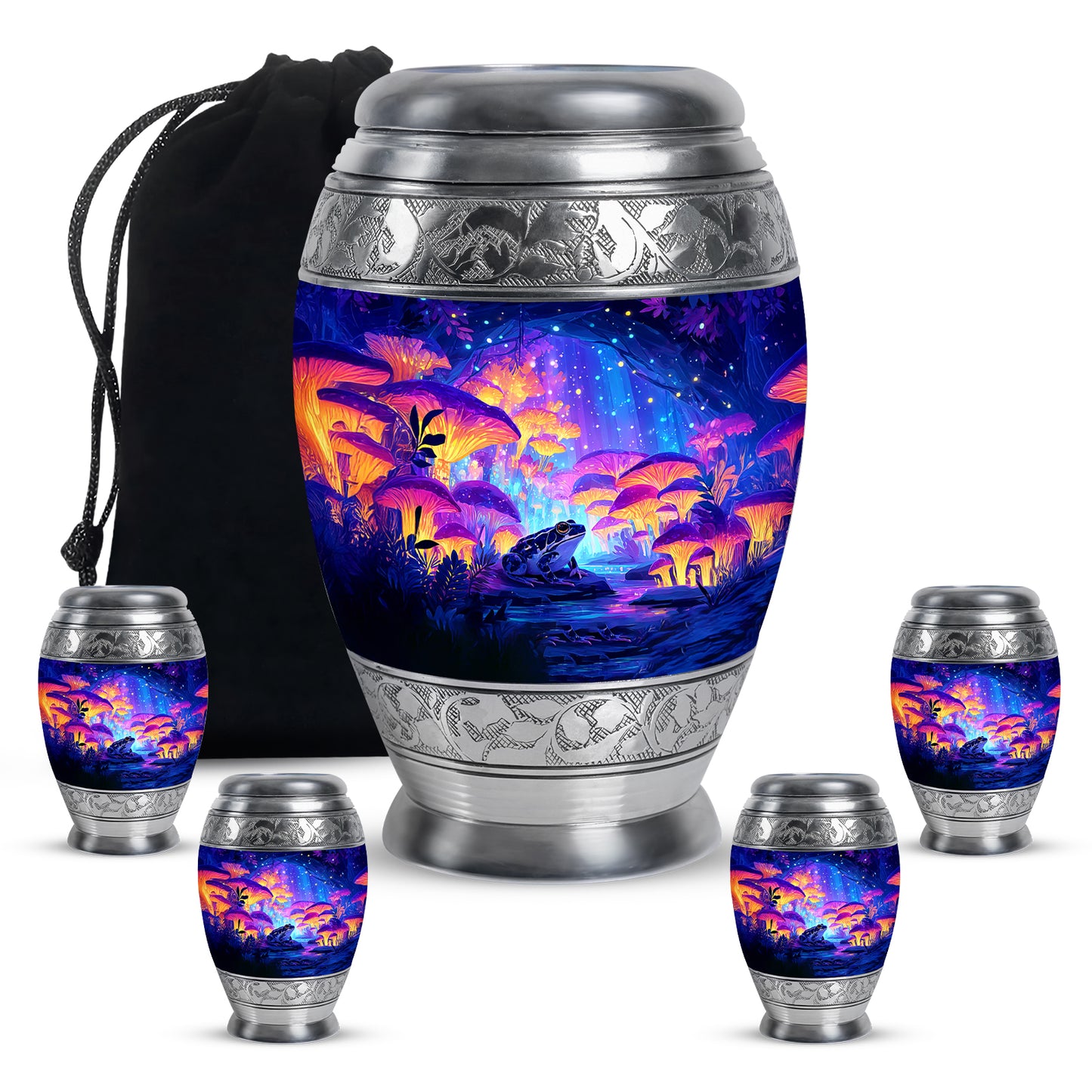 Misty Blue Frog Cremation Urn detail view - regal frog design with crown-inspired accents - memorial set with one large and four small urns