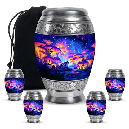 Misty Blue Frog Cremation Urn detail view - regal frog design with crown-inspired accents - memorial set with one large and four small urns