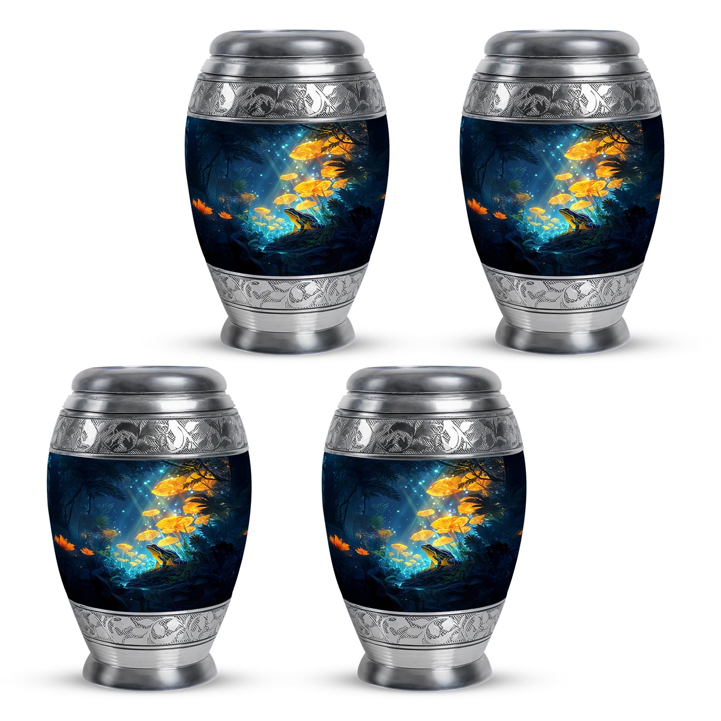 Indigo Frog Cremation Urn urn with complimentary velvet bag - ornate monarch-style frog relief on brushed aluminum - 10 inch aluminum urn for cremated remains