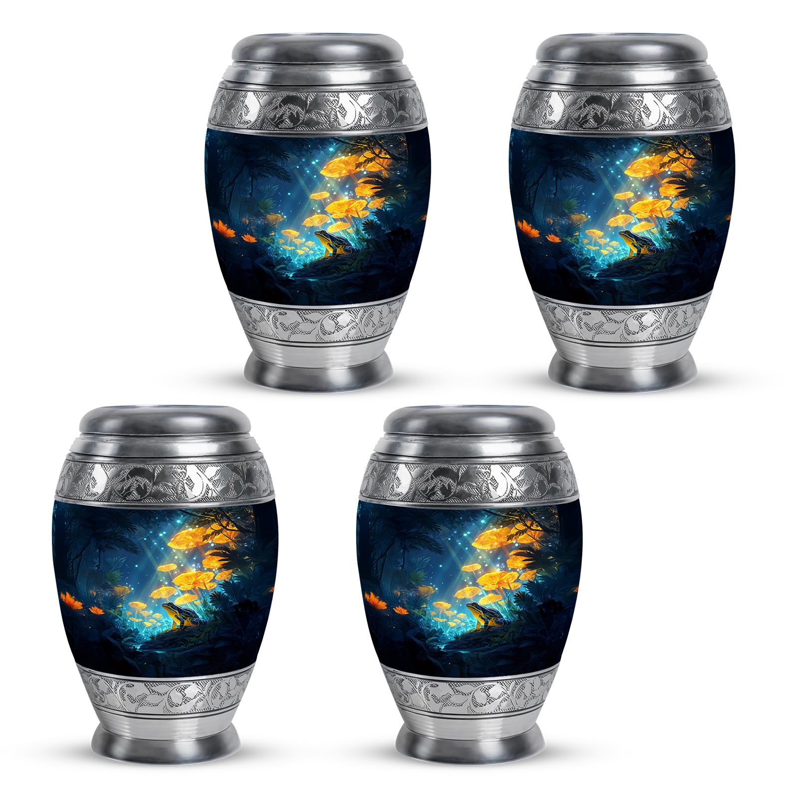 Indigo Frog Cremation Urn urn with complimentary velvet bag - ornate monarch-style frog relief on brushed aluminum - 10 inch aluminum urn for cremated remains