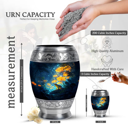 Dusty Blue Frog Cremation Urn lifestyle display on memorial shelf - ornate monarch-style frog relief on brushed aluminum - mini keepsake memorial for portion of cremation ashes