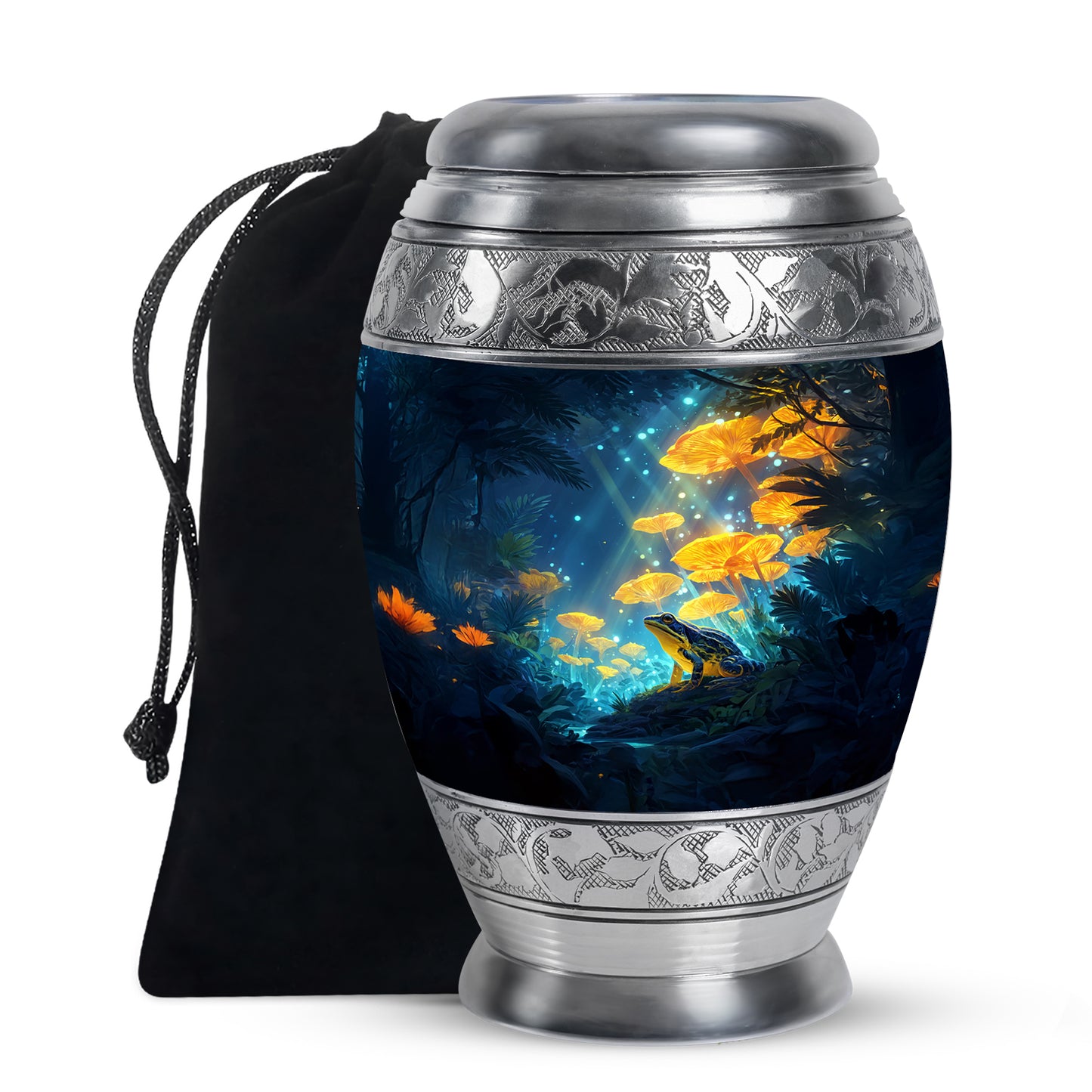 Soft Blue Frog Cremation Urn back view with polished surface - majestic frog pattern with filigree border - full-size 10 inch 200 cubic inch adult cremation urn