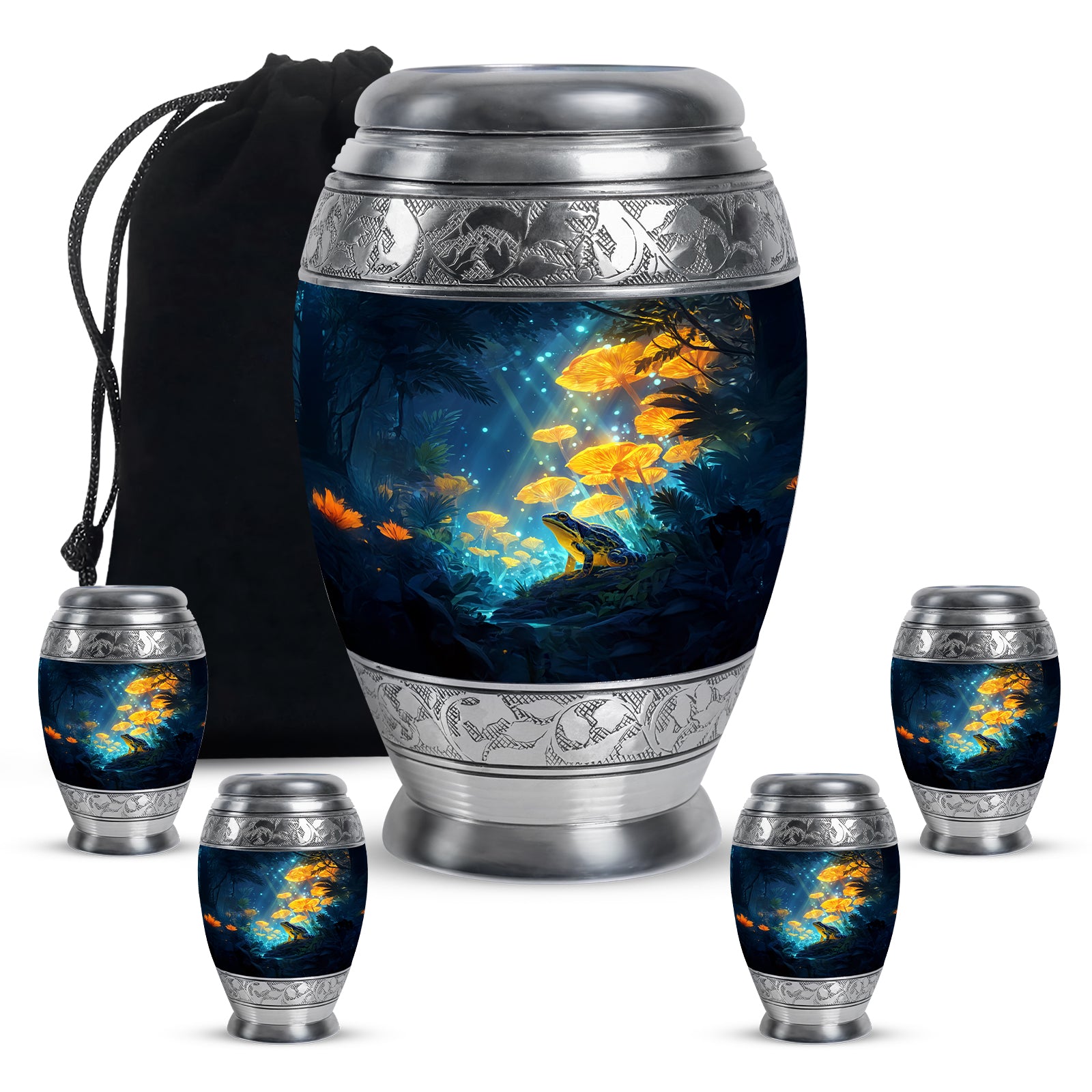 Celestial Blue Frog Cremation Urn detail view - ornate monarch-style frog relief on brushed aluminum - memorial set with one large and four small urns