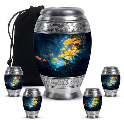 Celestial Blue Frog Cremation Urn detail view - ornate monarch-style frog relief on brushed aluminum - memorial set with one large and four small urns