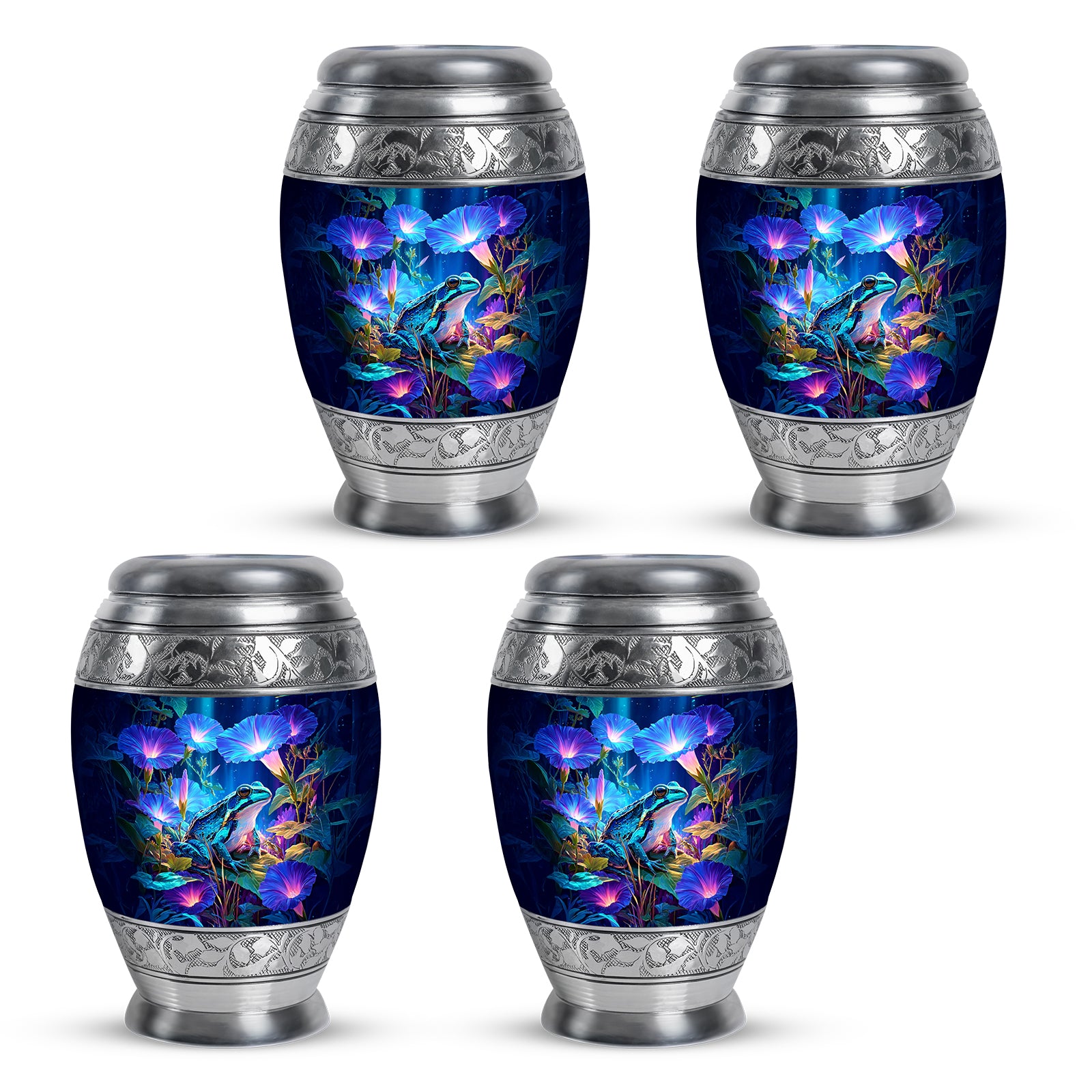 Bright Blue Frog Cremation Urn urn with complimentary velvet bag - royal frog engraving with decorative scrollwork - 10 inch aluminum urn for cremated remains
